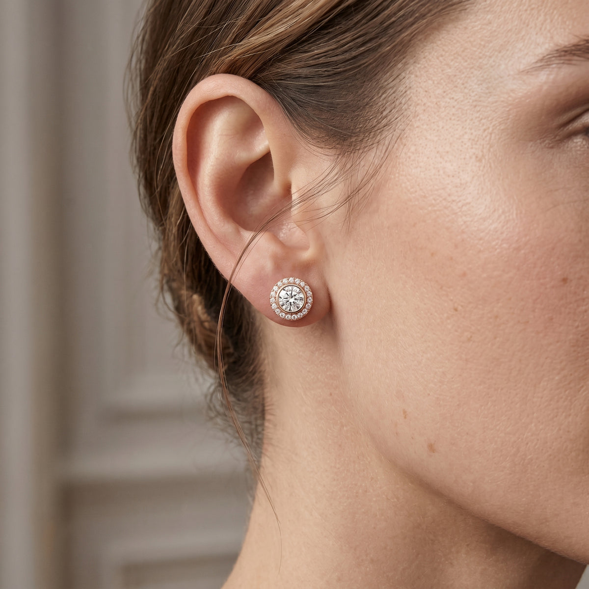 Round Bezel Halo Diamond Stud Earrings