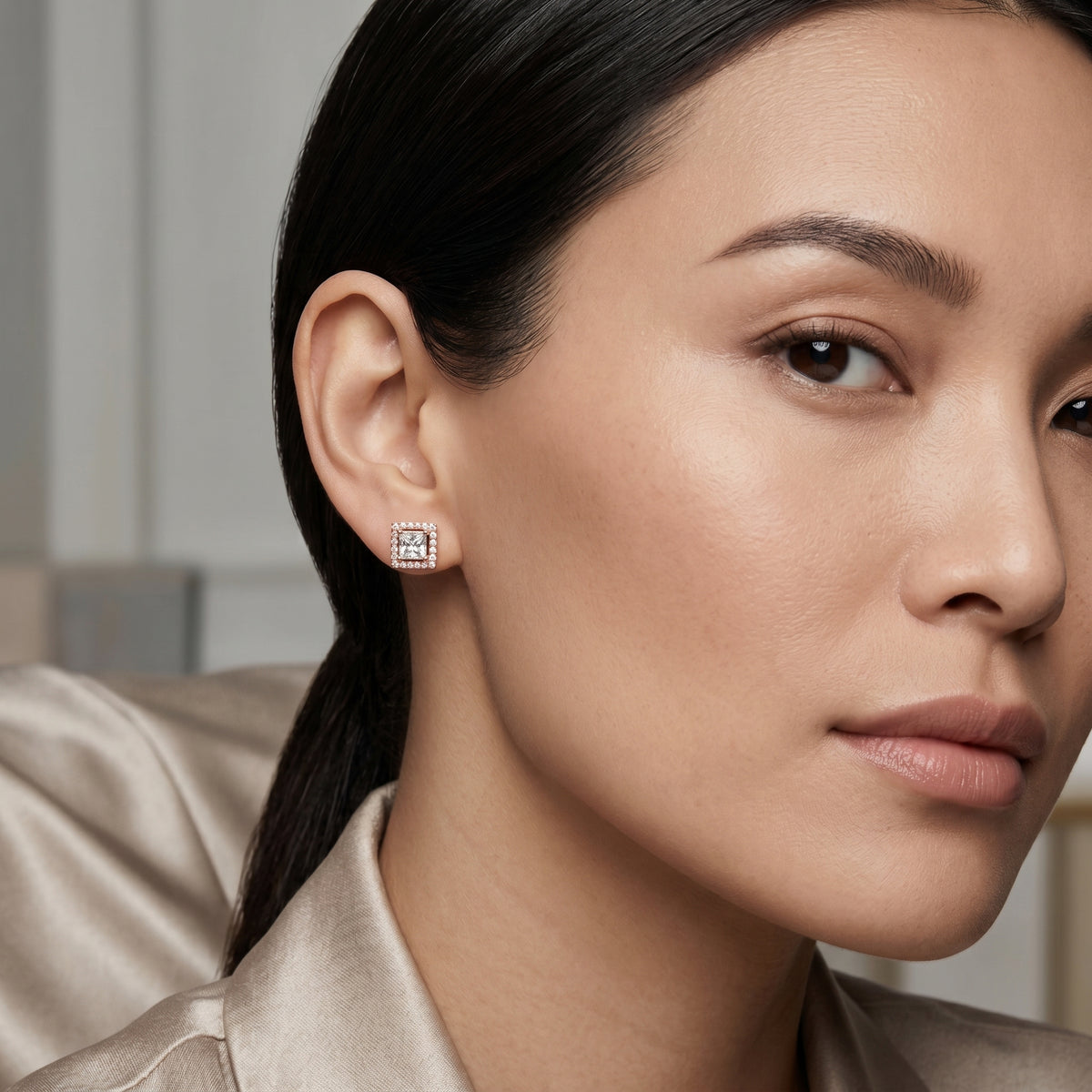 Princess Halo Diamond Stud Earrings