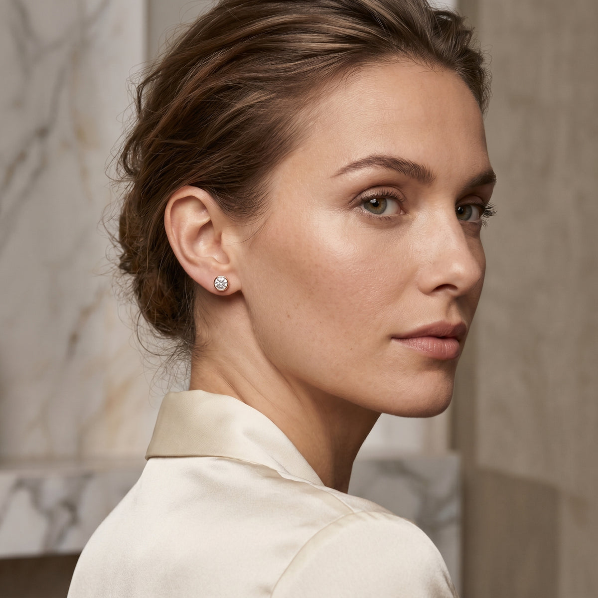 Round Bezel Solitaire Diamond Stud Earrings — lifestyle