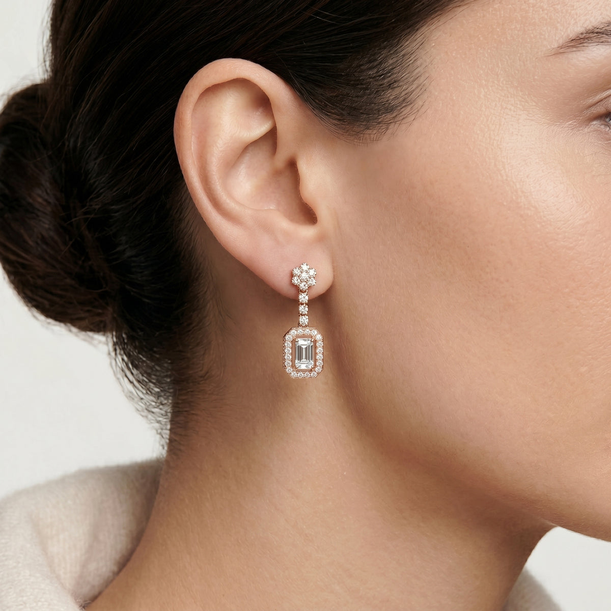 Emerald Halo Bail Diamond Stud Earrings