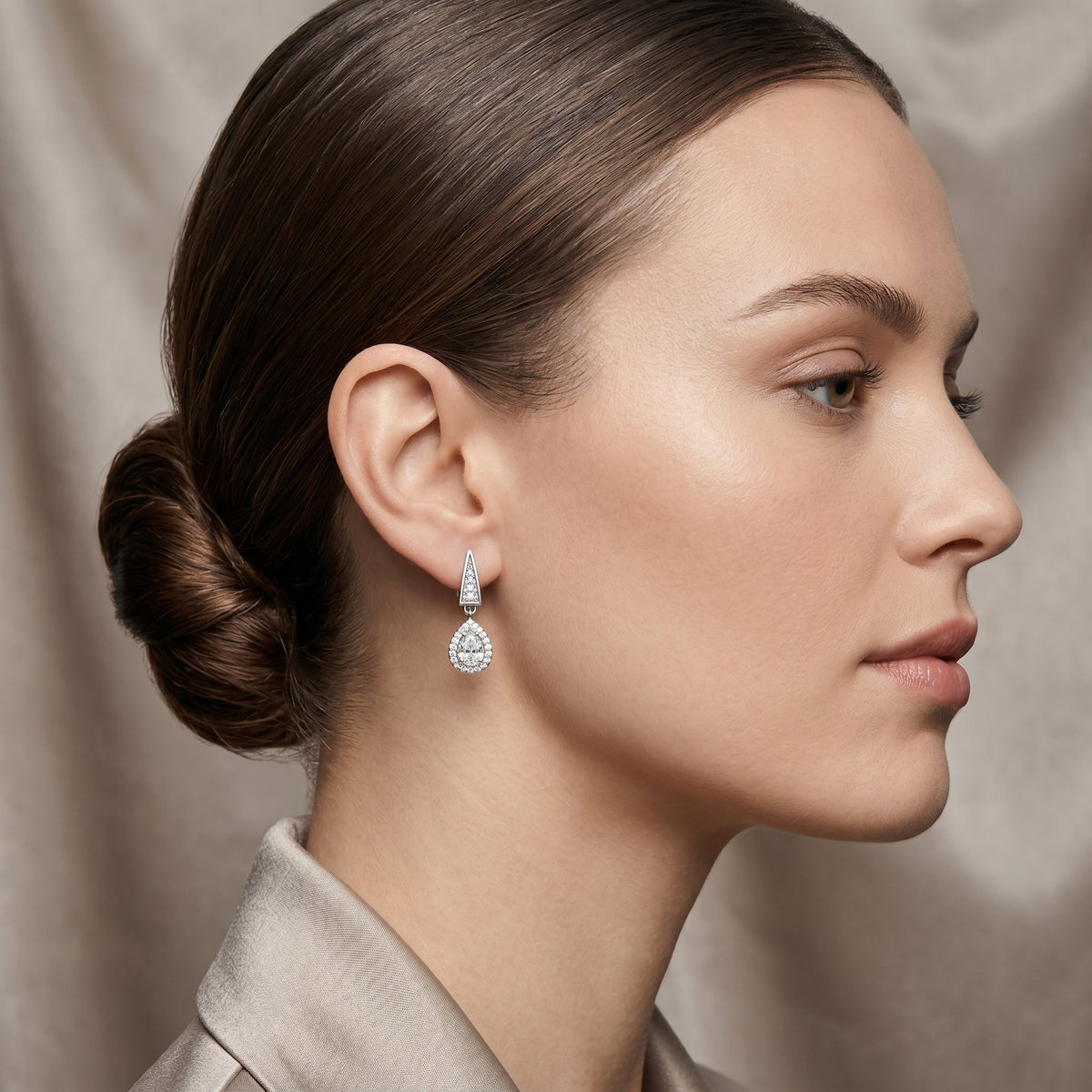 Angular Bail Pear Halo Diamond Drop Earrings