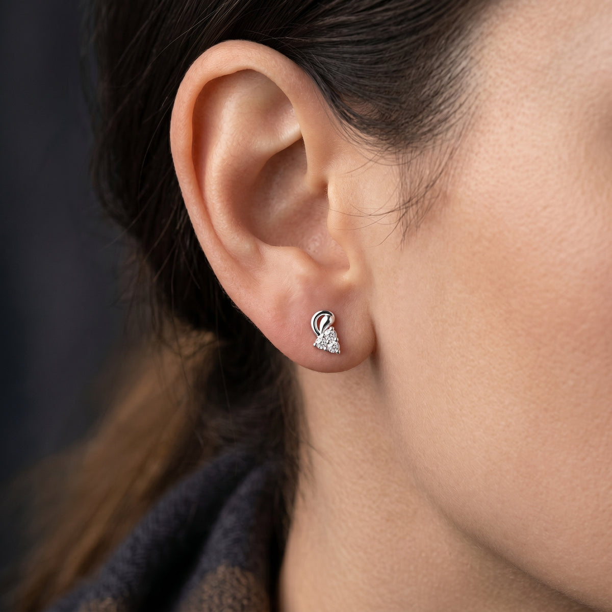 Heart Scroll Trio Diamond Stud Earrings
