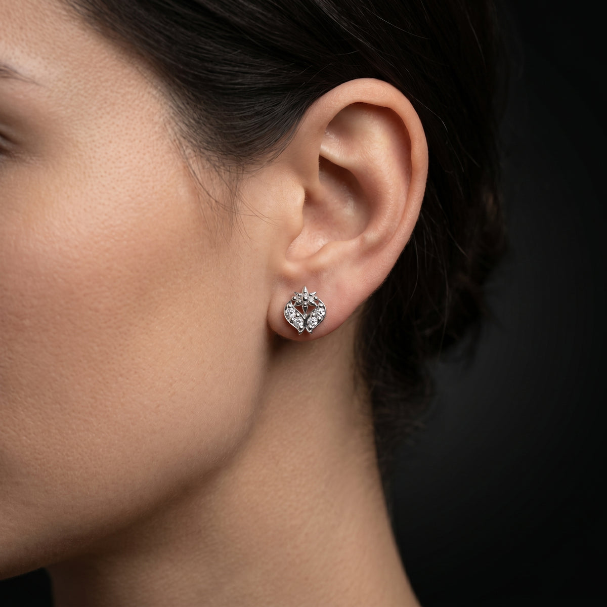 Ornate Fleur Heart Diamond Stud Earrings
