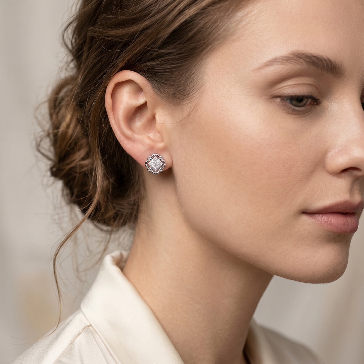 Beaded Quatrefoil Diamond Stud Earrings