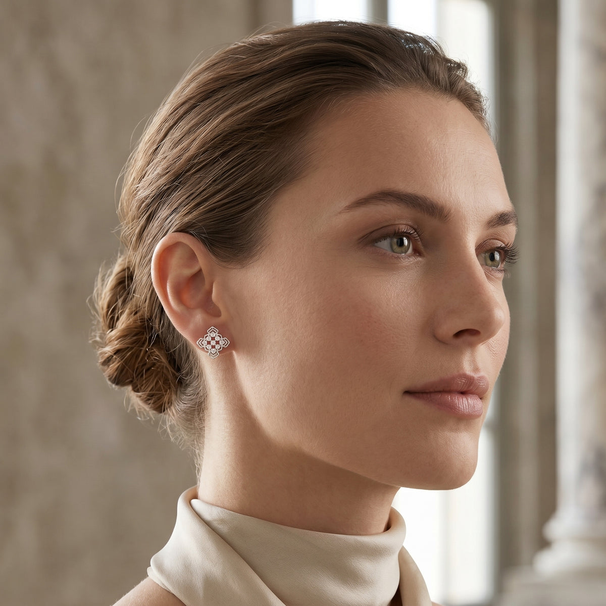 Open Quatrefoil Lattice Diamond Stud Earrings