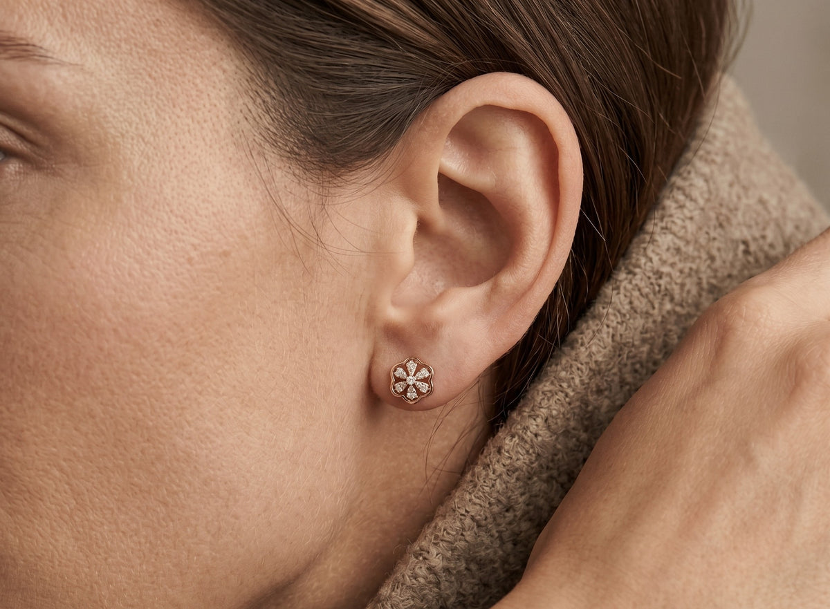 Hexagon Flower Diamond Stud Earrings