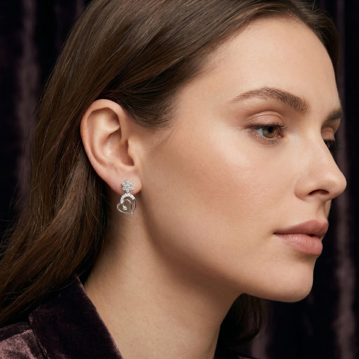 Flower Cluster and Open Heart Diamond Drop Earrings