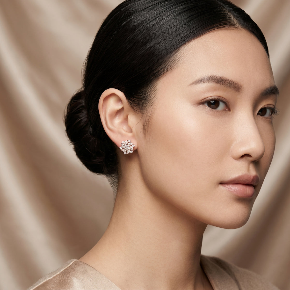 Round Center Marquise Flower Diamond Stud Earrings
