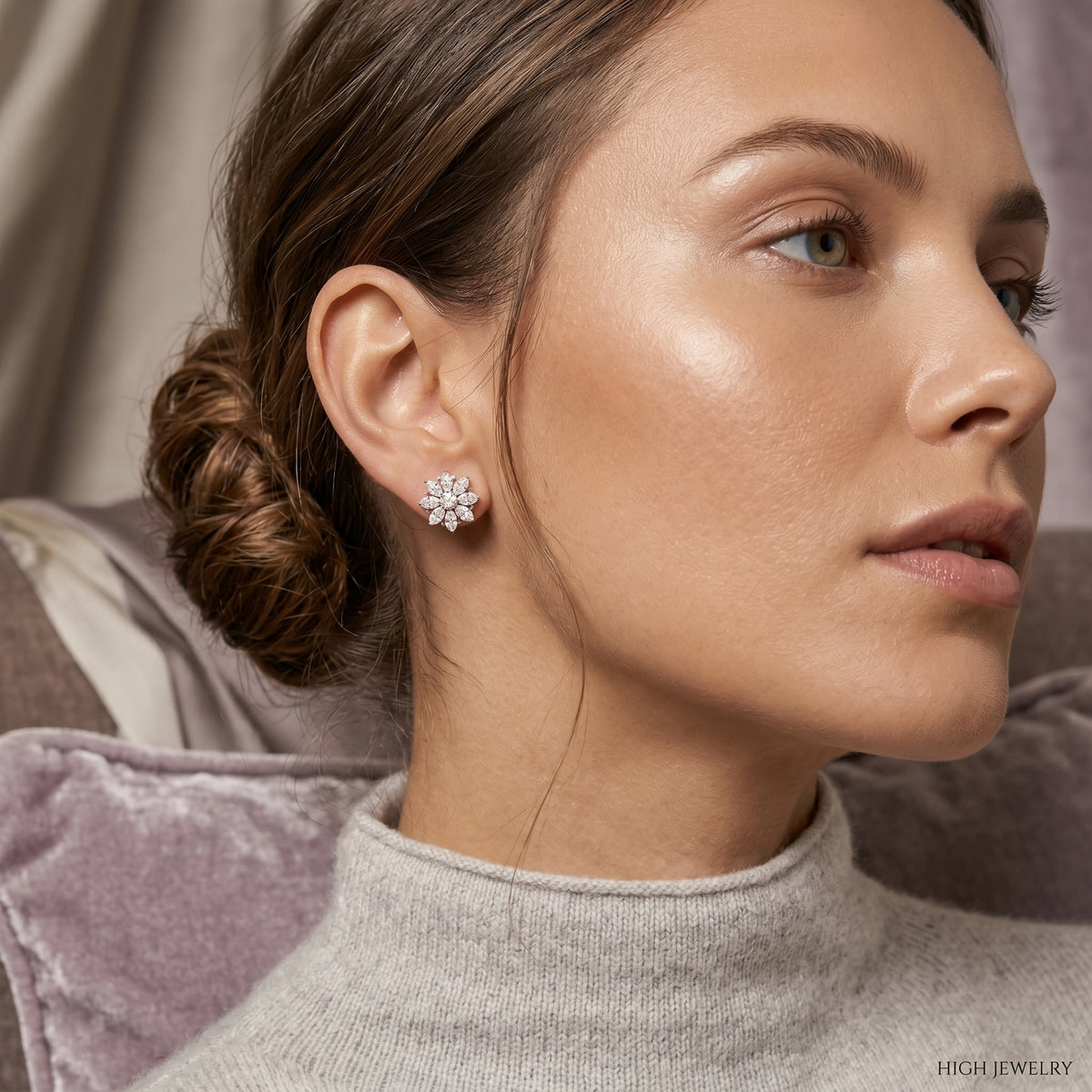Pear and Marquise Flower Diamond Stud Earrings