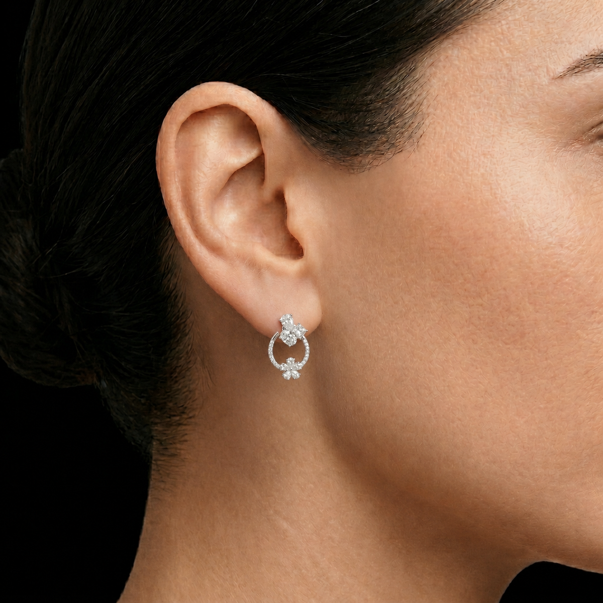 Pear Flower Open Circle Diamond Stud Earrings
