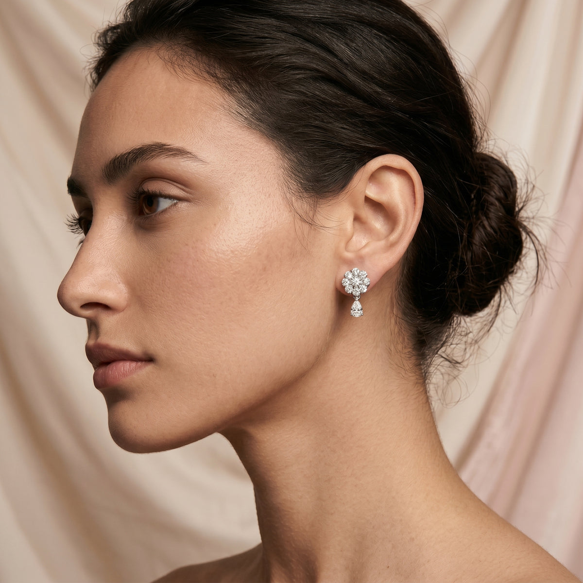 Pear Petal Halo Drop Diamond Stud Earrings