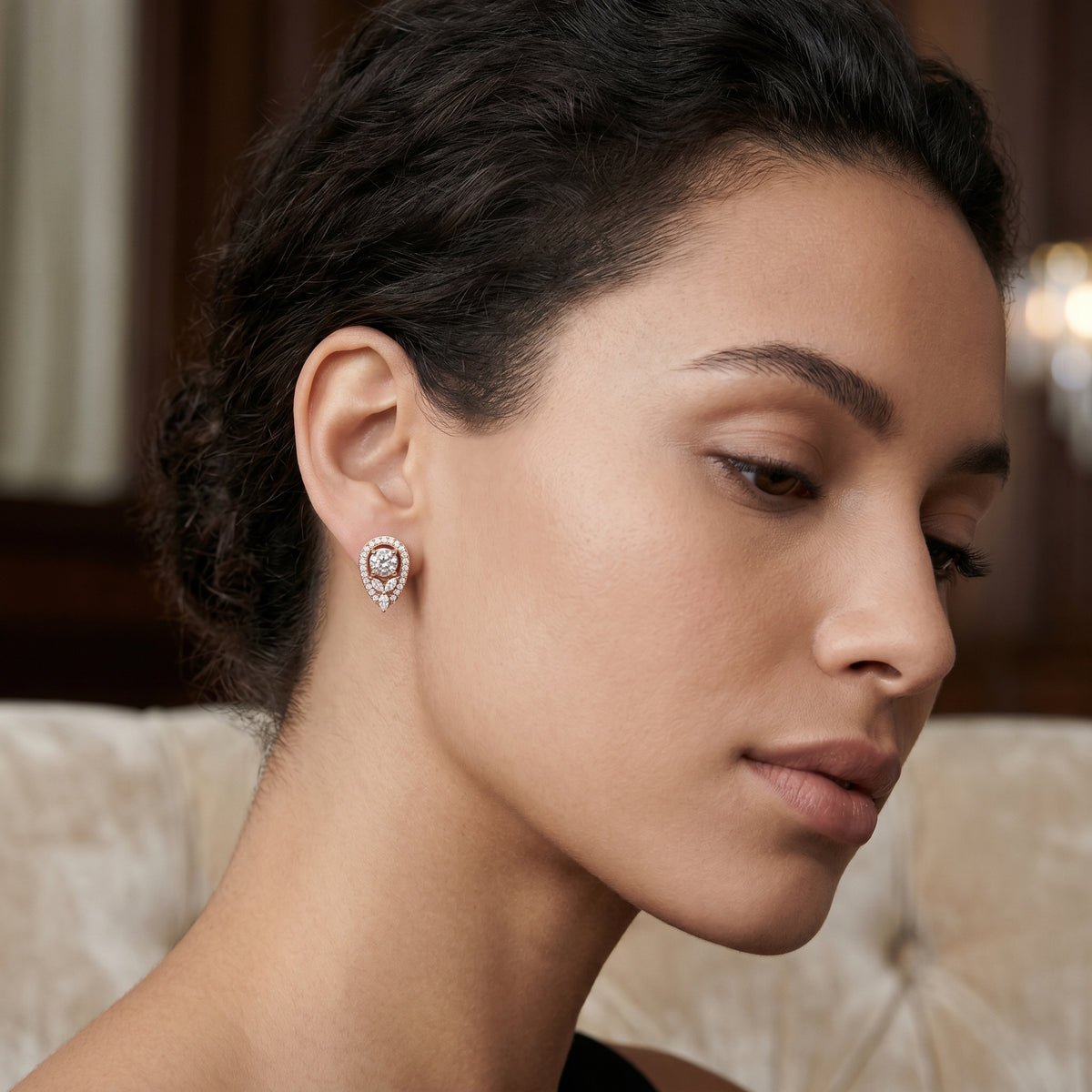 Round Pear Frame Lever-Back Diamond Earrings