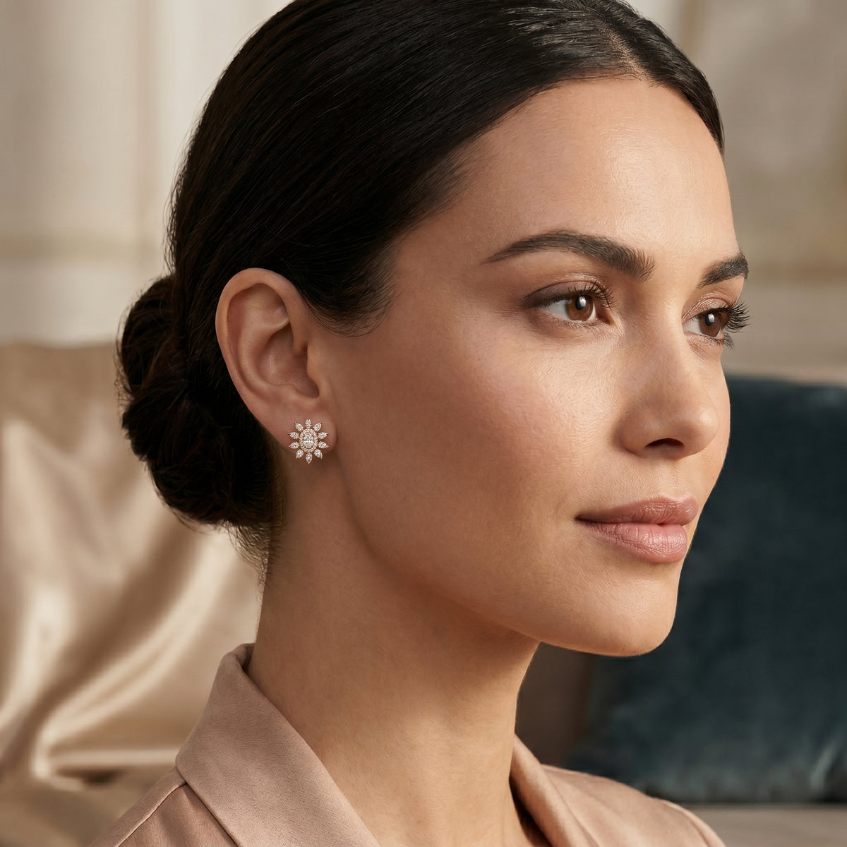Oval Sunburst Halo Diamond Stud Earrings