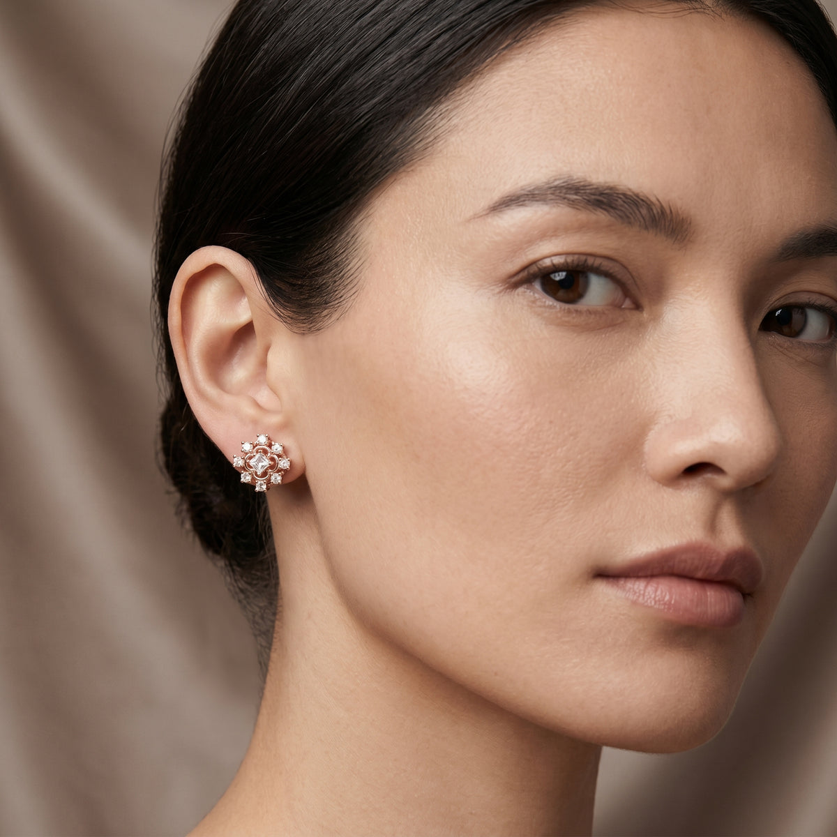 Princess Center Compass Diamond Stud Earrings