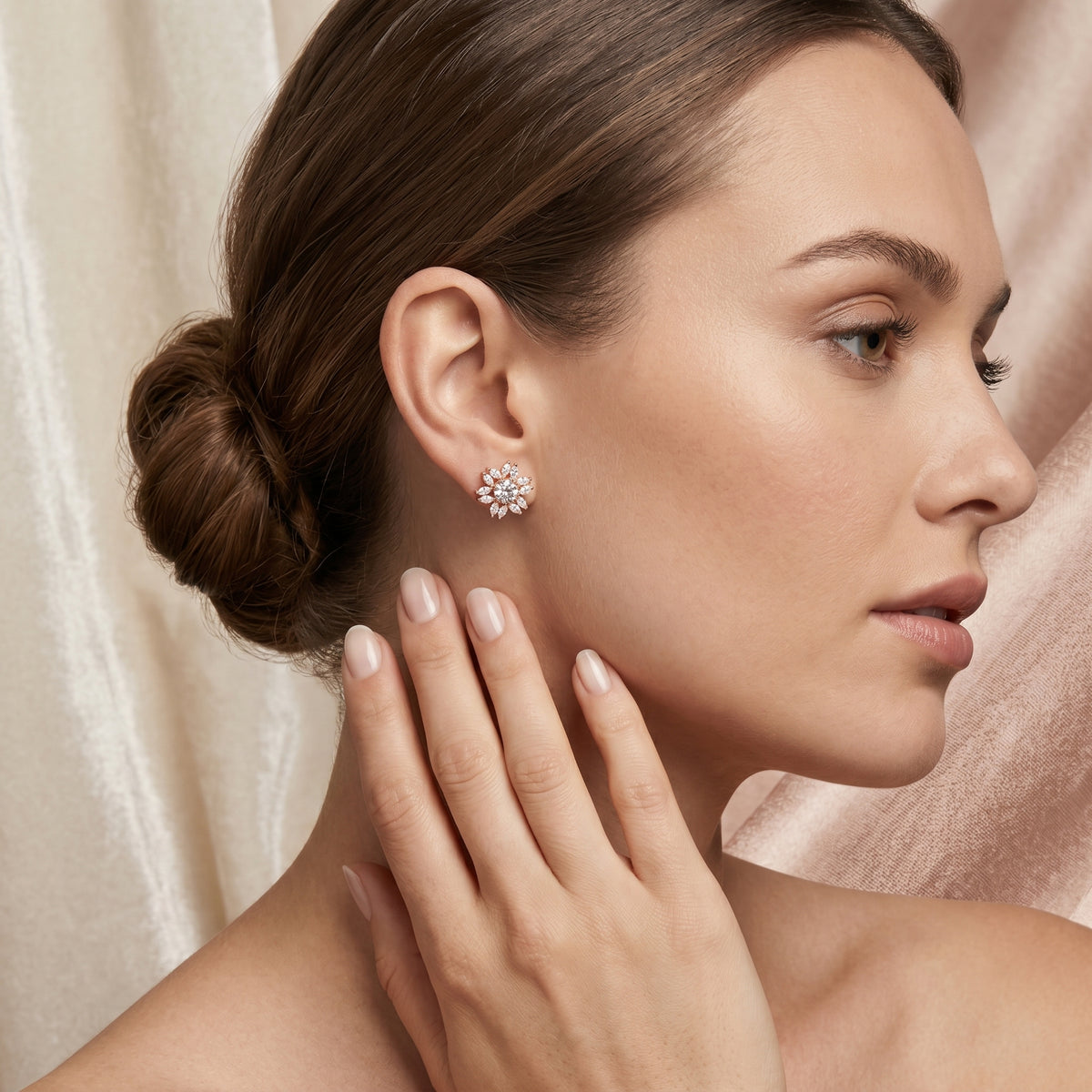 Marquise Flower Round Diamond Stud Earrings