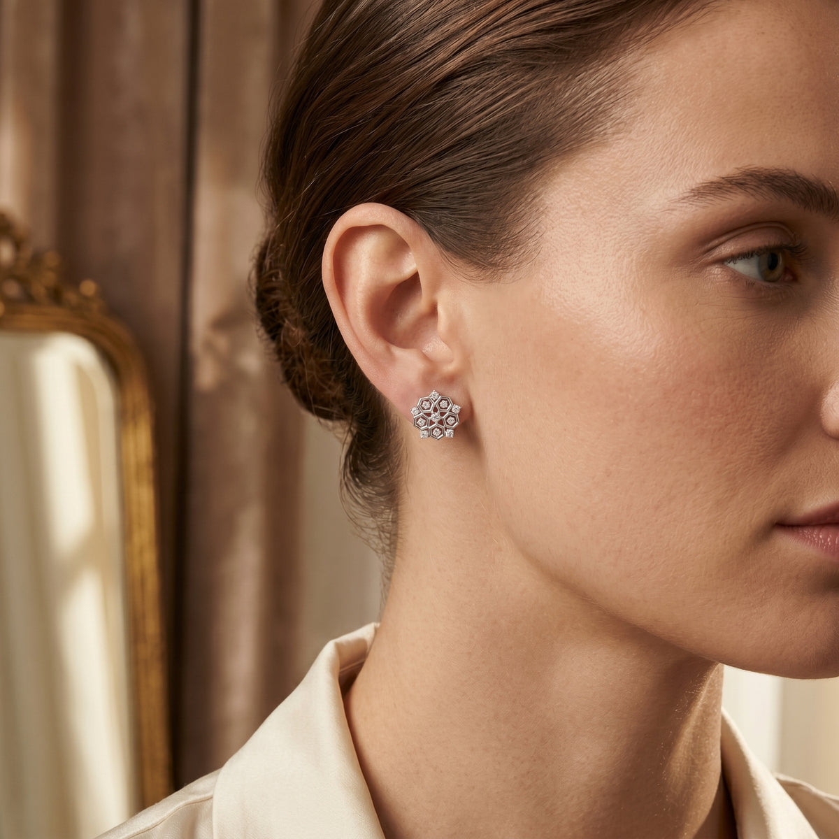 Hexagon Bezel Flower Diamond Stud Earrings