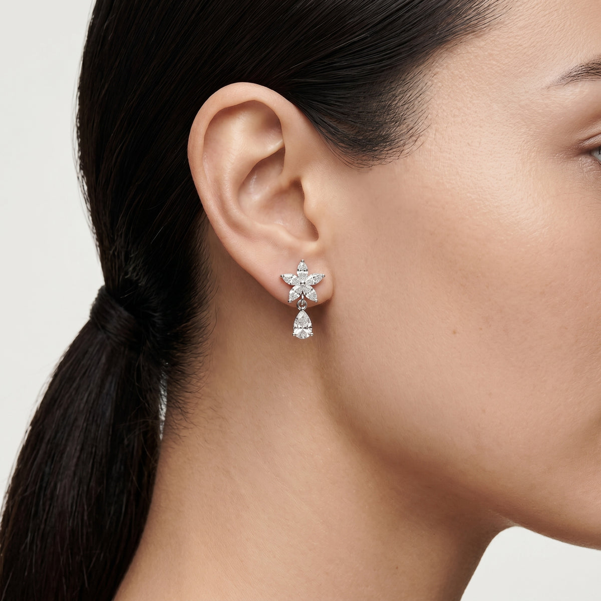 Marquise Flower Pear Drop Diamond Earrings