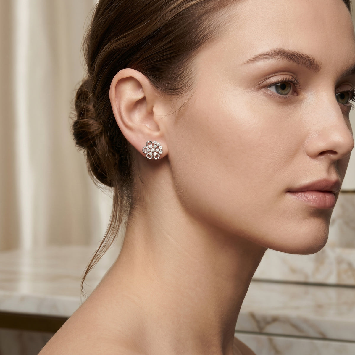 Open Petal Diamond Flower Stud Earrings