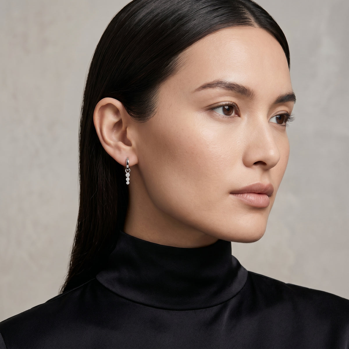 Three Bezel Drop Diamond Huggie Earrings