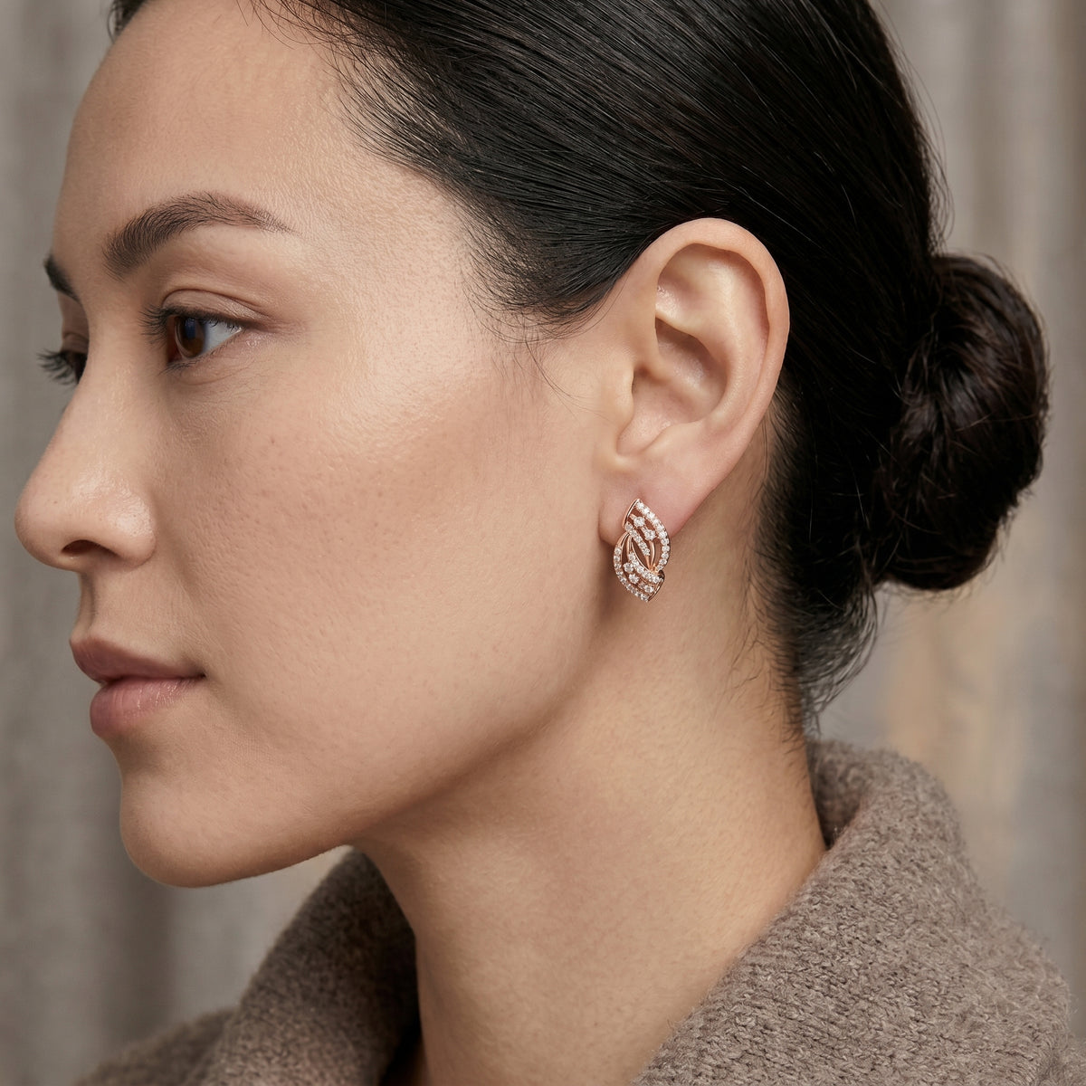 Layered Leaf Pave Diamond Stud Earrings
