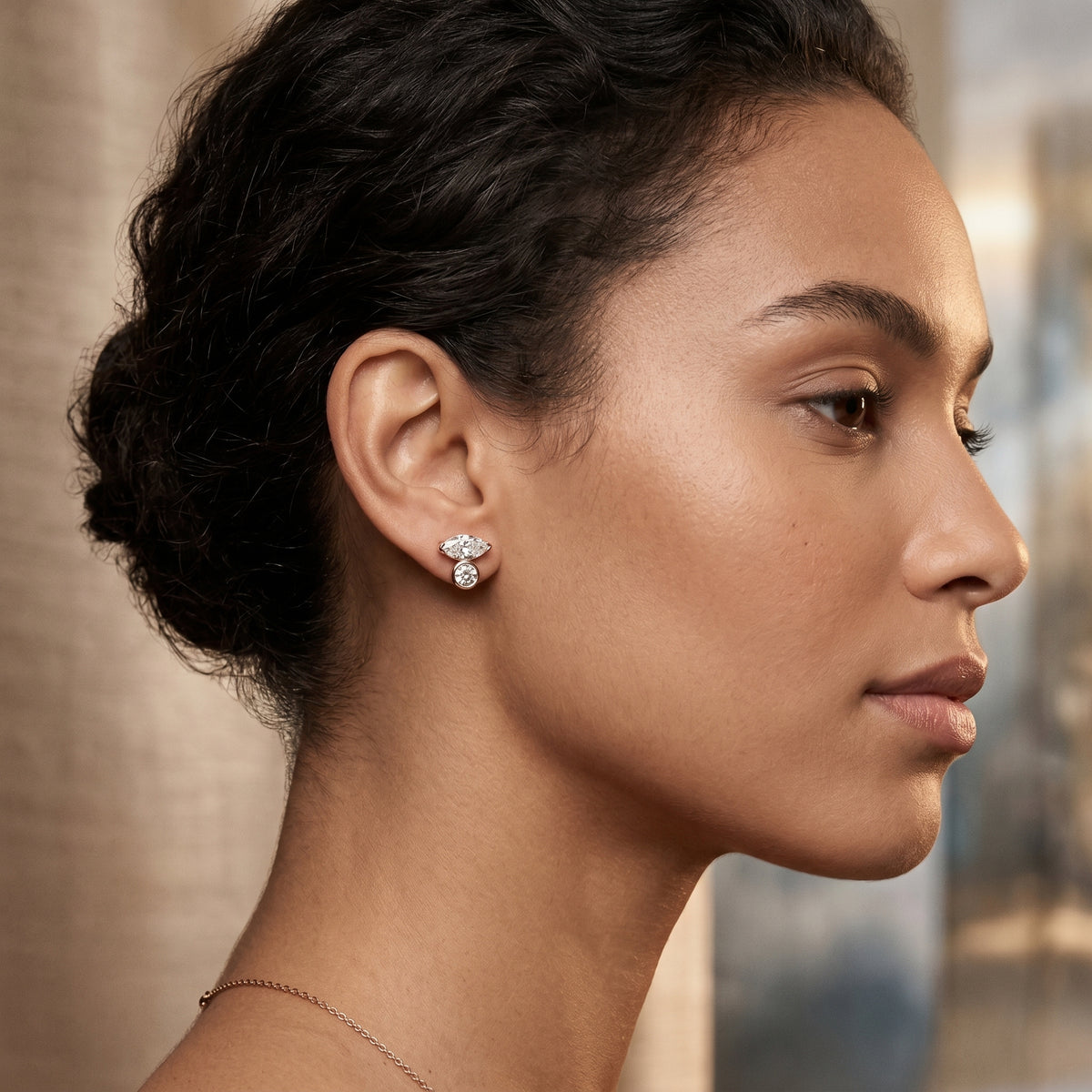 Marquise and Bezel Round Toi et Moi Diamond Stud Earrings
