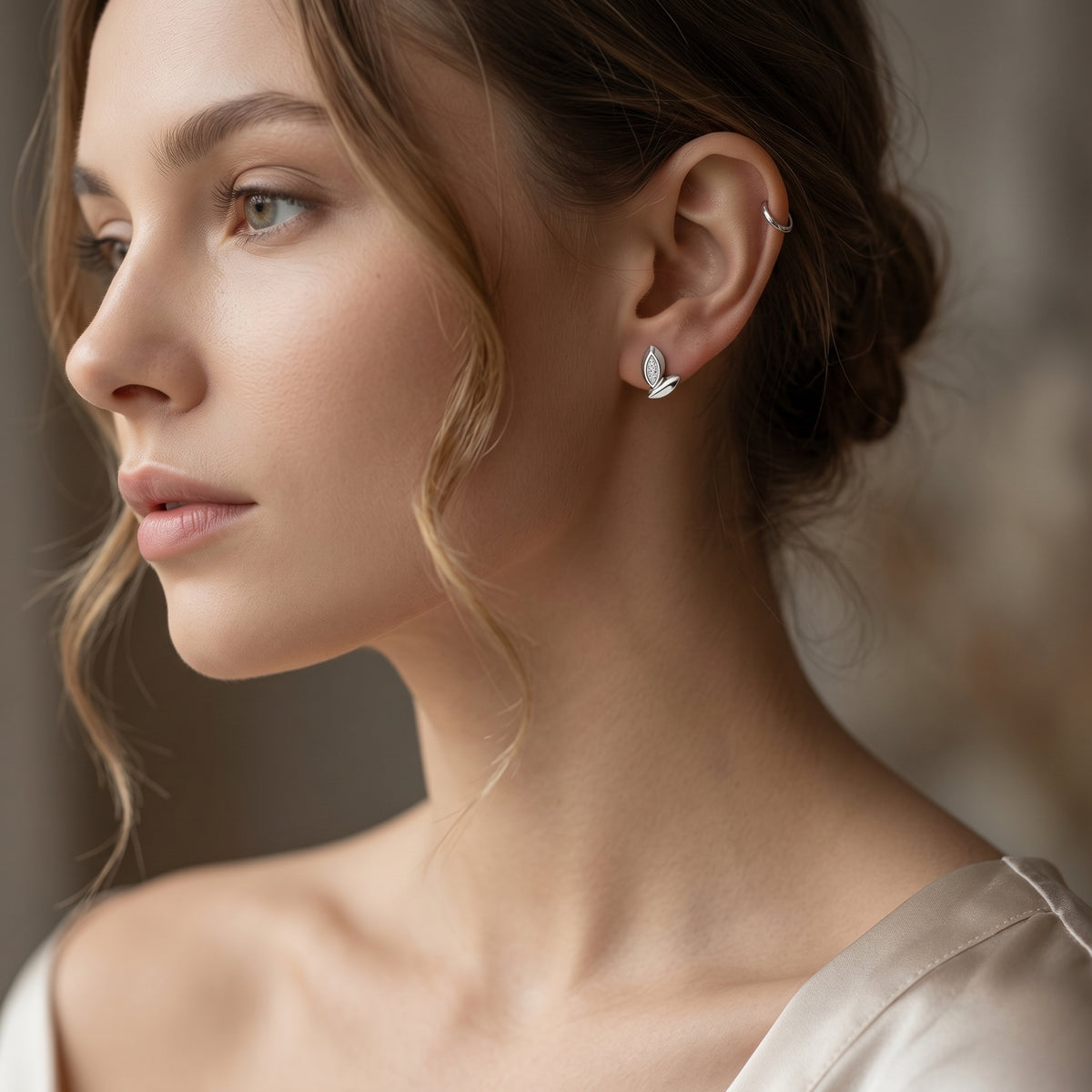 Marquise Leaf Outline Diamond Stud Earrings