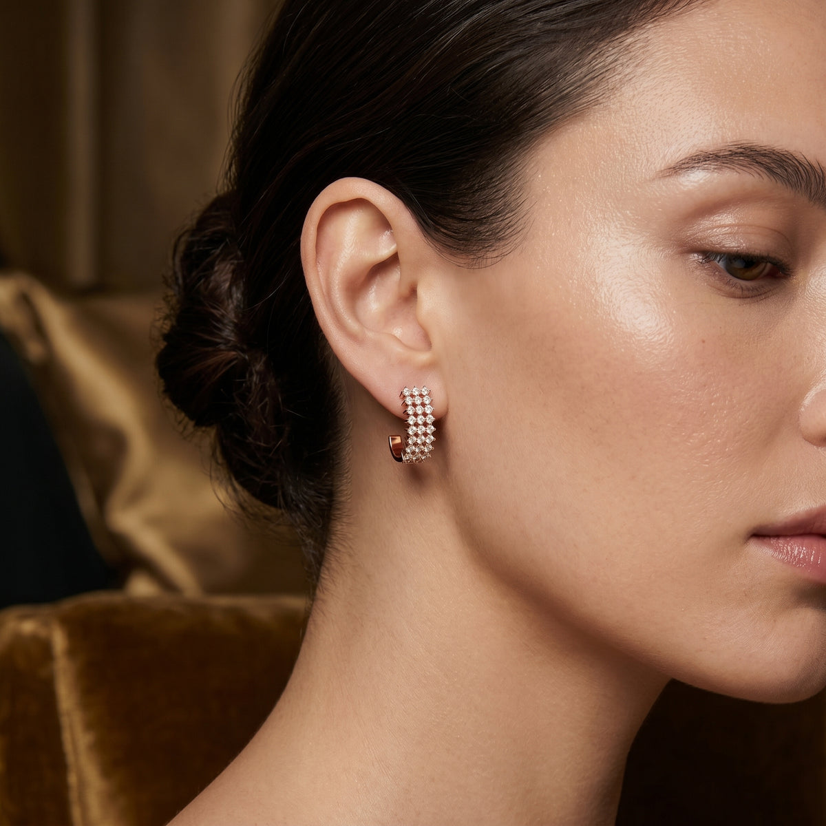 Three Row Pave Diamond J Hoop Earrings