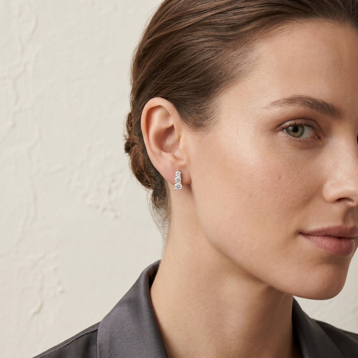 Three Stone Graduated Round Diamond Stud Earrings