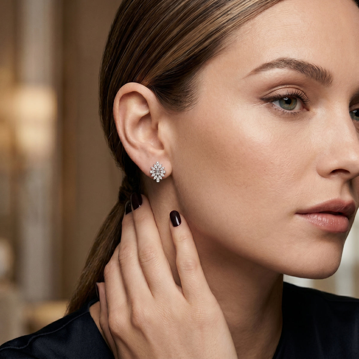 Emerald Cut Marquise Cluster Diamond Stud Earrings