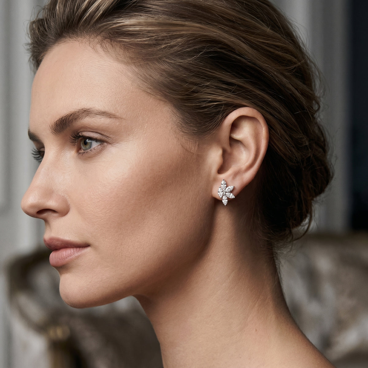 Marquise Five Petal Flower Diamond Stud Earrings