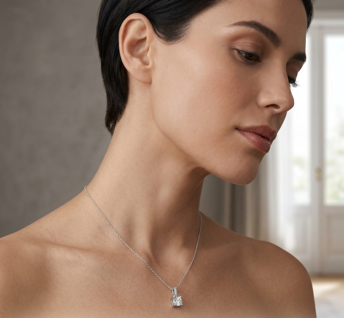 Cushion Cut Solitaire Diamond Pendant with Pave Bail
