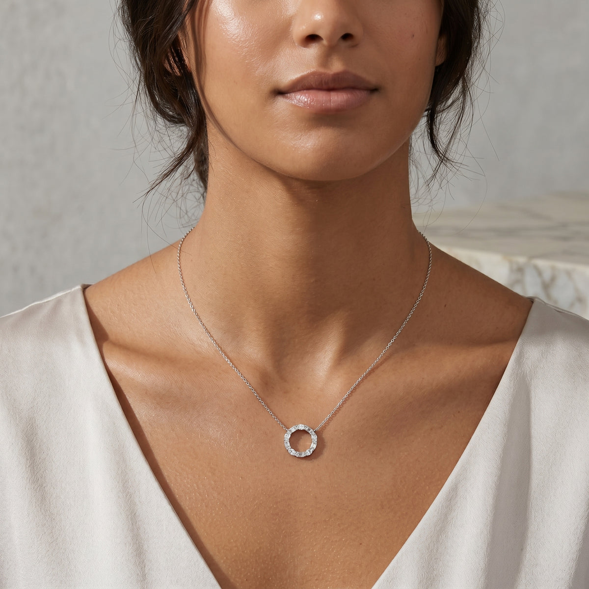 Emerald and Oval Cut Diamond Circle Necklace