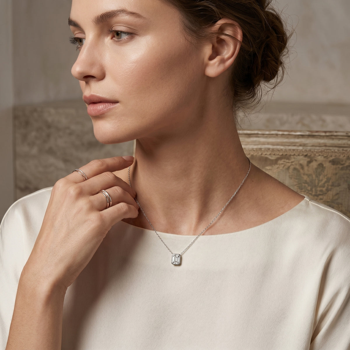 Emerald Cut Bezel Solitaire Diamond Necklace