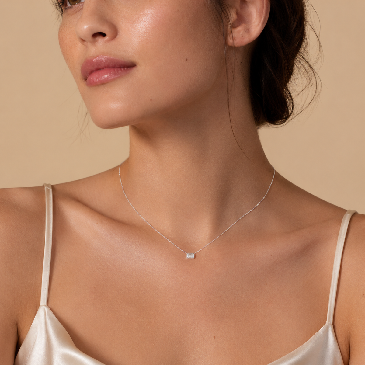 East-West Emerald Cut Bezel Solitaire Diamond Necklace