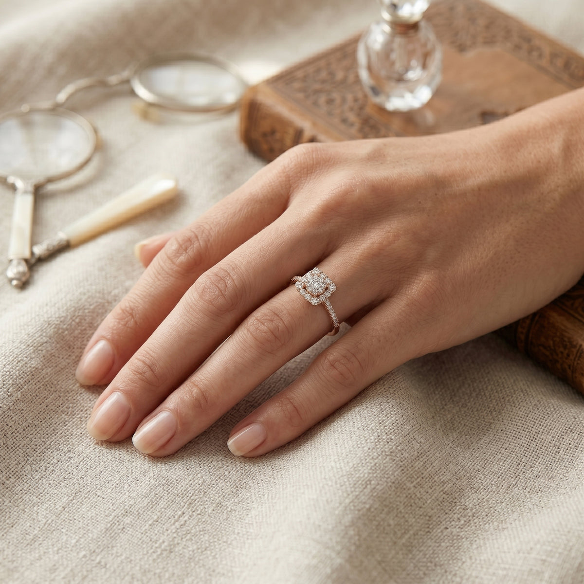 Round Diamond Cushion Cluster Halo Engagement Ring — lifestyle