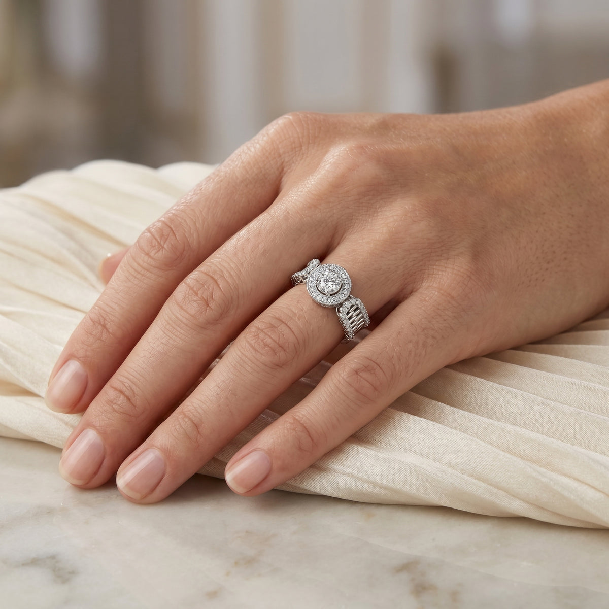Round Cluster Cushion Halo Engagement Ring with Baguette Shoulders — lifestyle