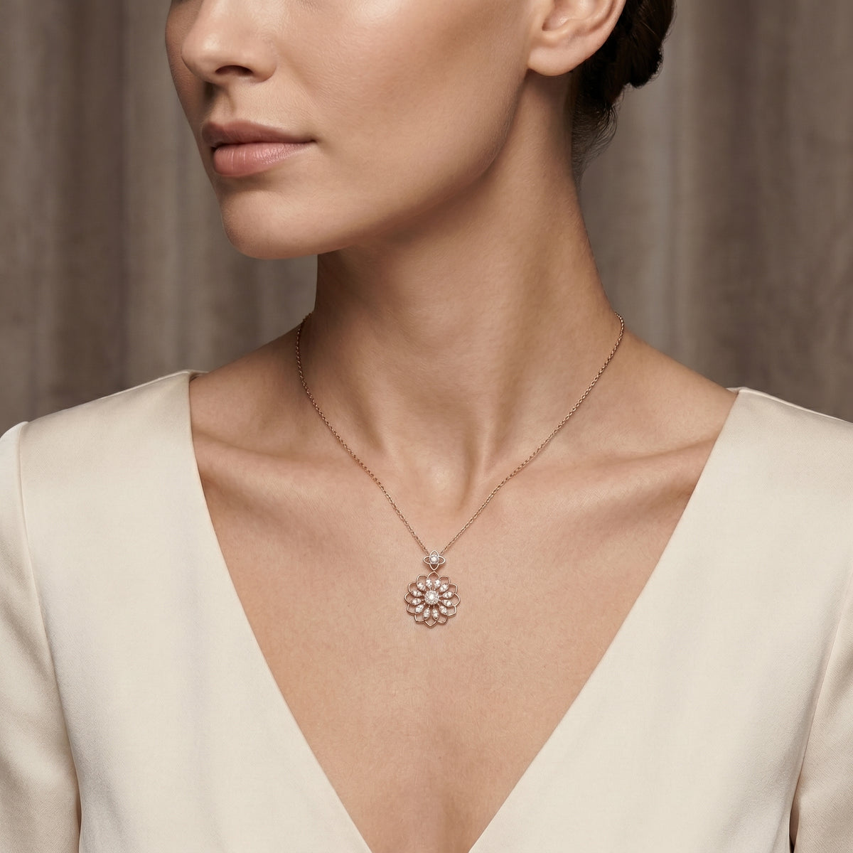 Open Dahlia Flower Diamond Pendant