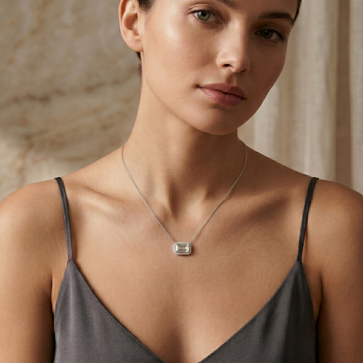 East-West Emerald Cut Halo Diamond Necklace
