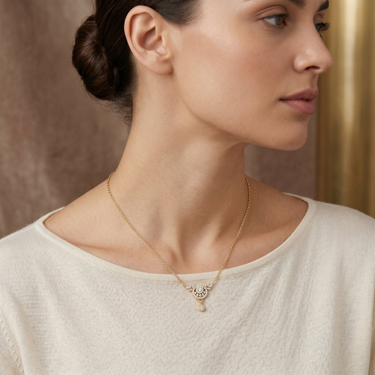 Vintage Sunburst Pear Drop Diamond Necklace