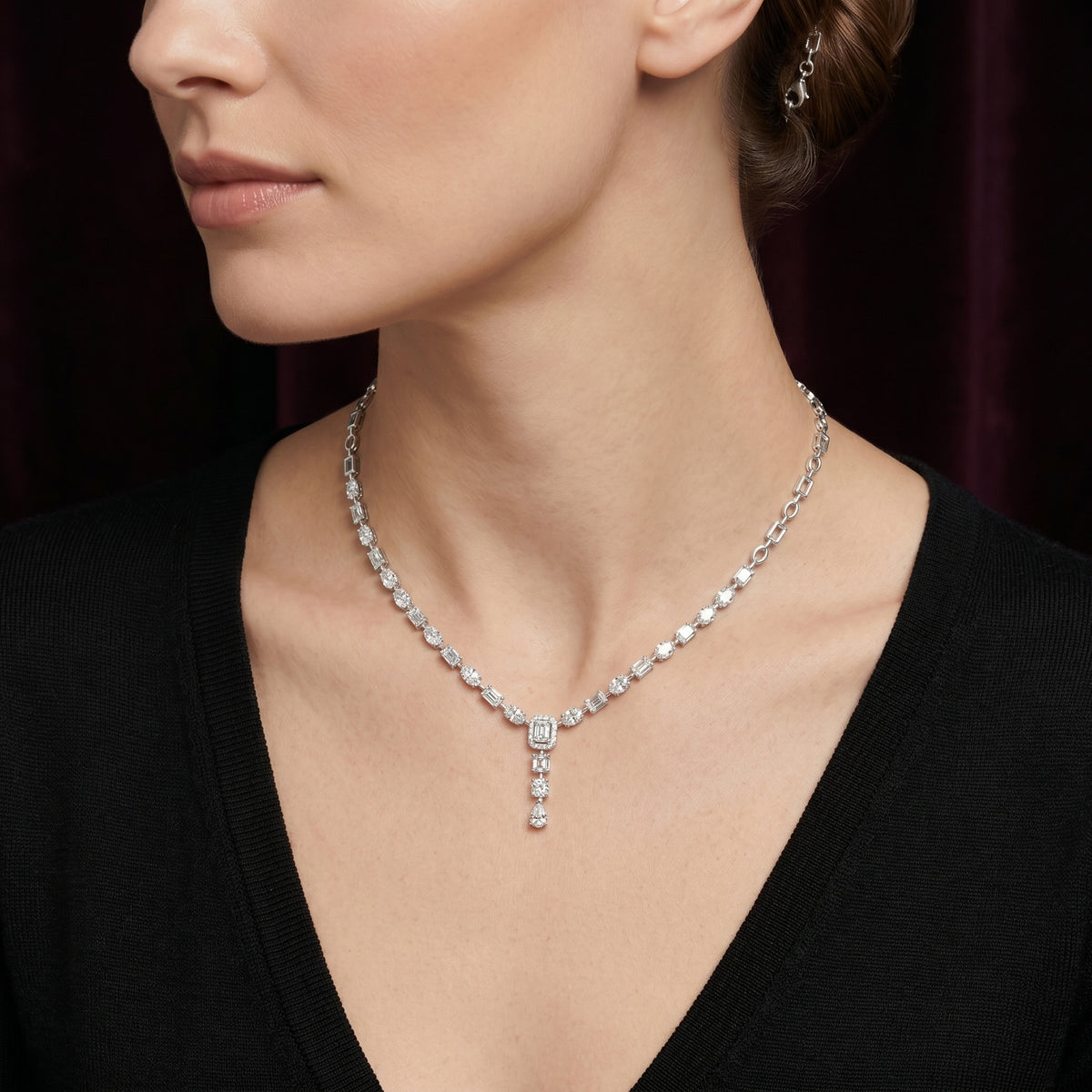 Oval and Emerald Cut Diamond Y-Drop Necklace