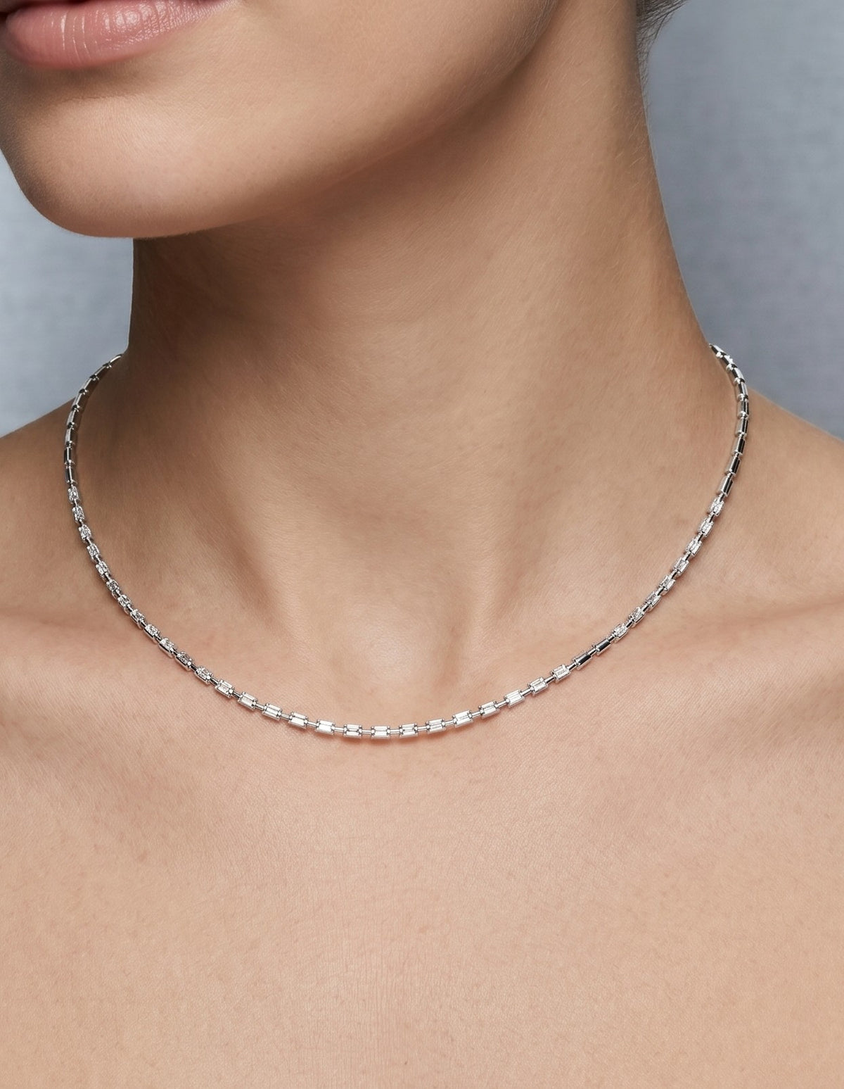 East-West Emerald Cut Diamond Bar Link Necklace