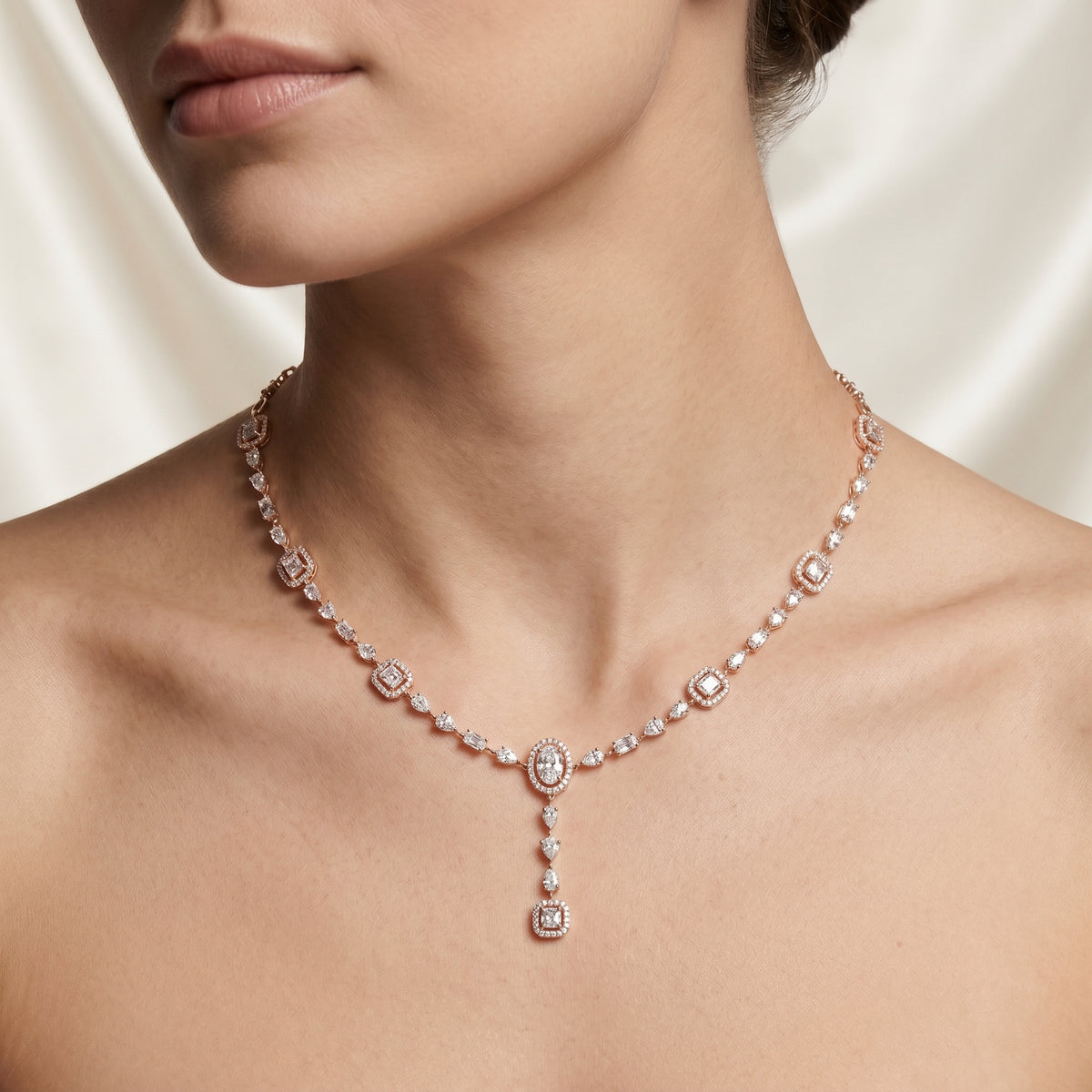 Oval and Emerald Halo Diamond Y-Drop Necklace