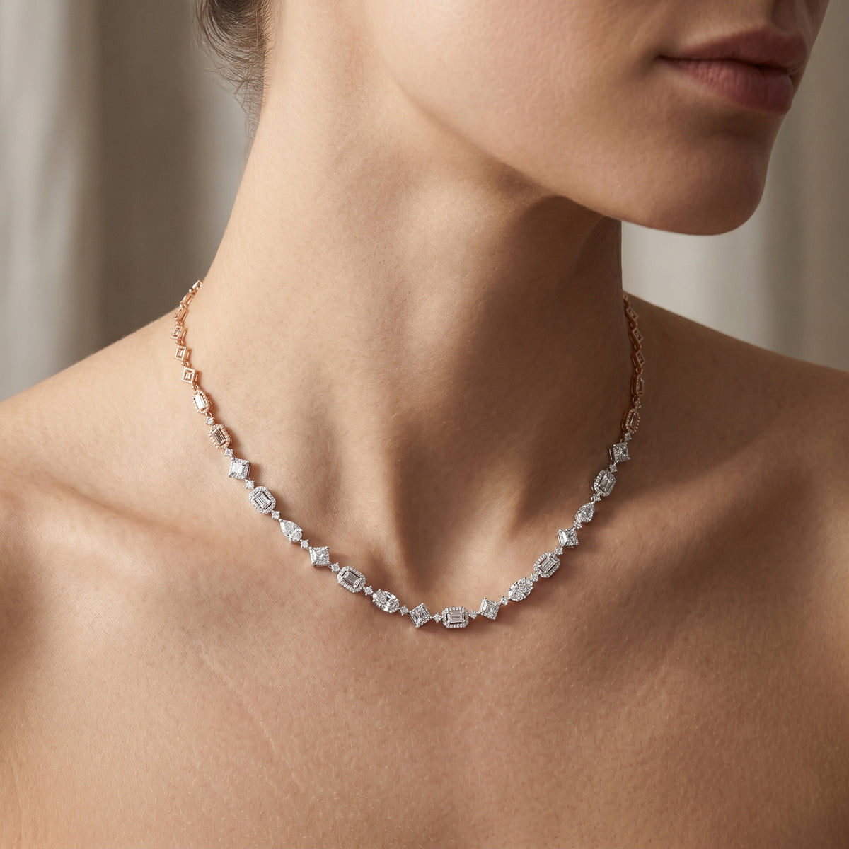 Graduated Mixed-Cut Halo Diamond Station Necklace