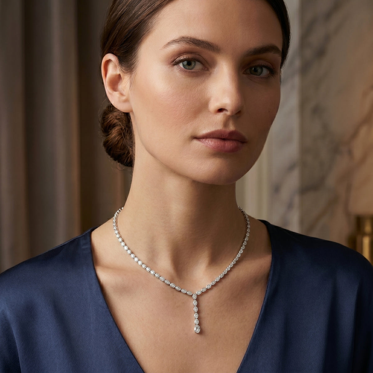 Prong-Set Solitaire Y-Drop Tennis Necklace
