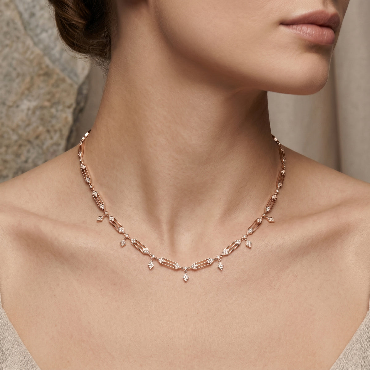 Art Deco Bar and Pave Rhombus Diamond Necklace