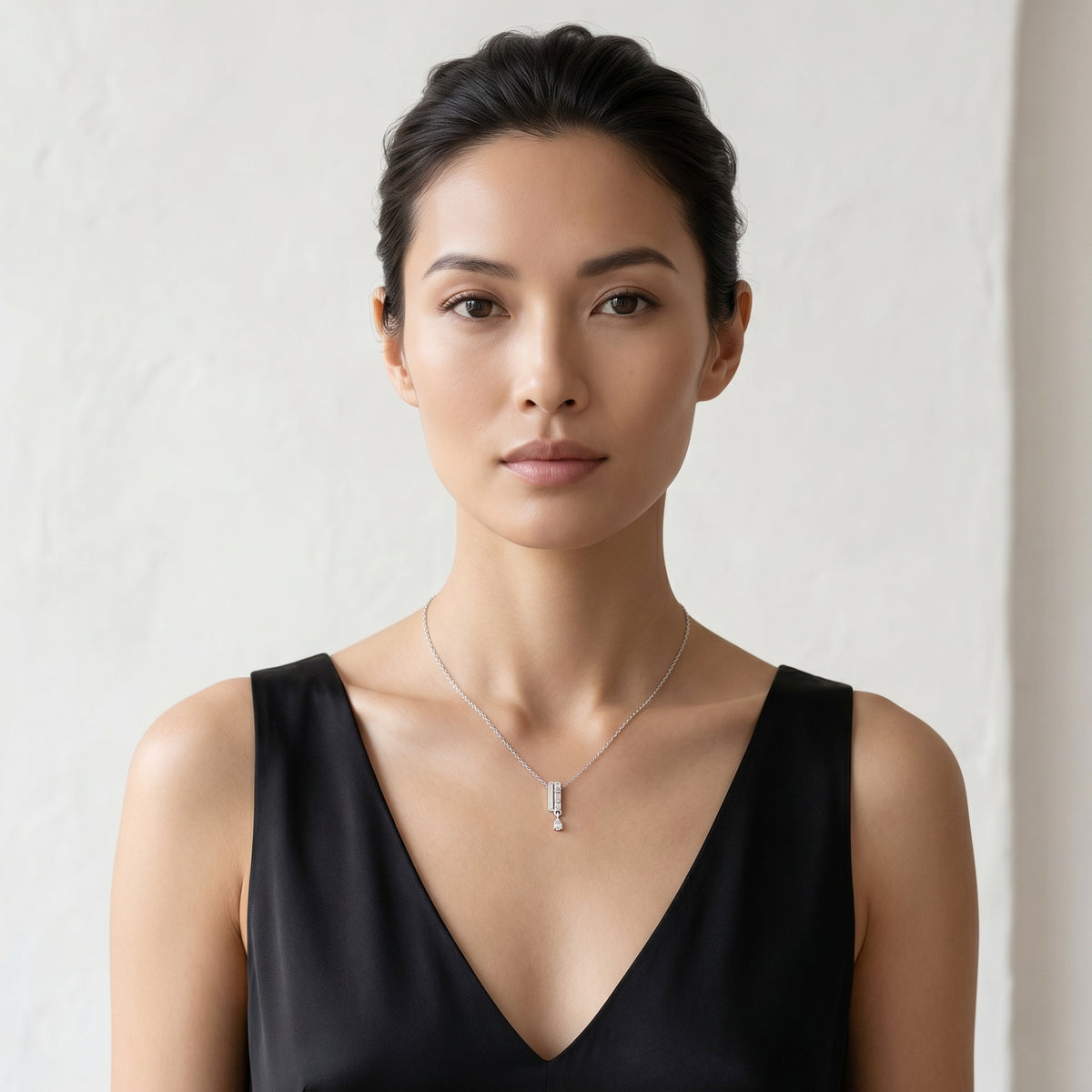 Baguette Bar and Pear Diamond Drop Necklace