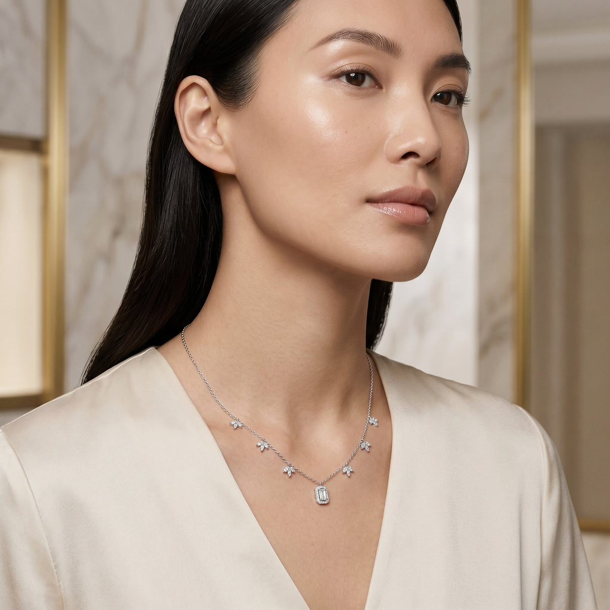 Marquise Leaf and Emerald Halo Diamond Charm Necklace