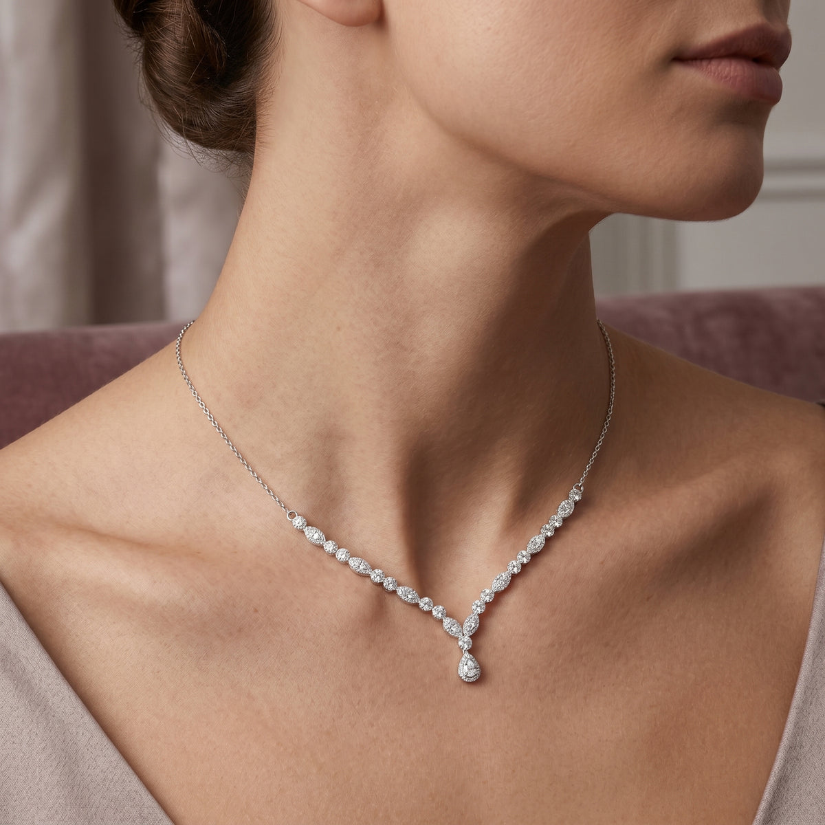 Milgrain Bezel Diamond V-Necklace with Pear Drop