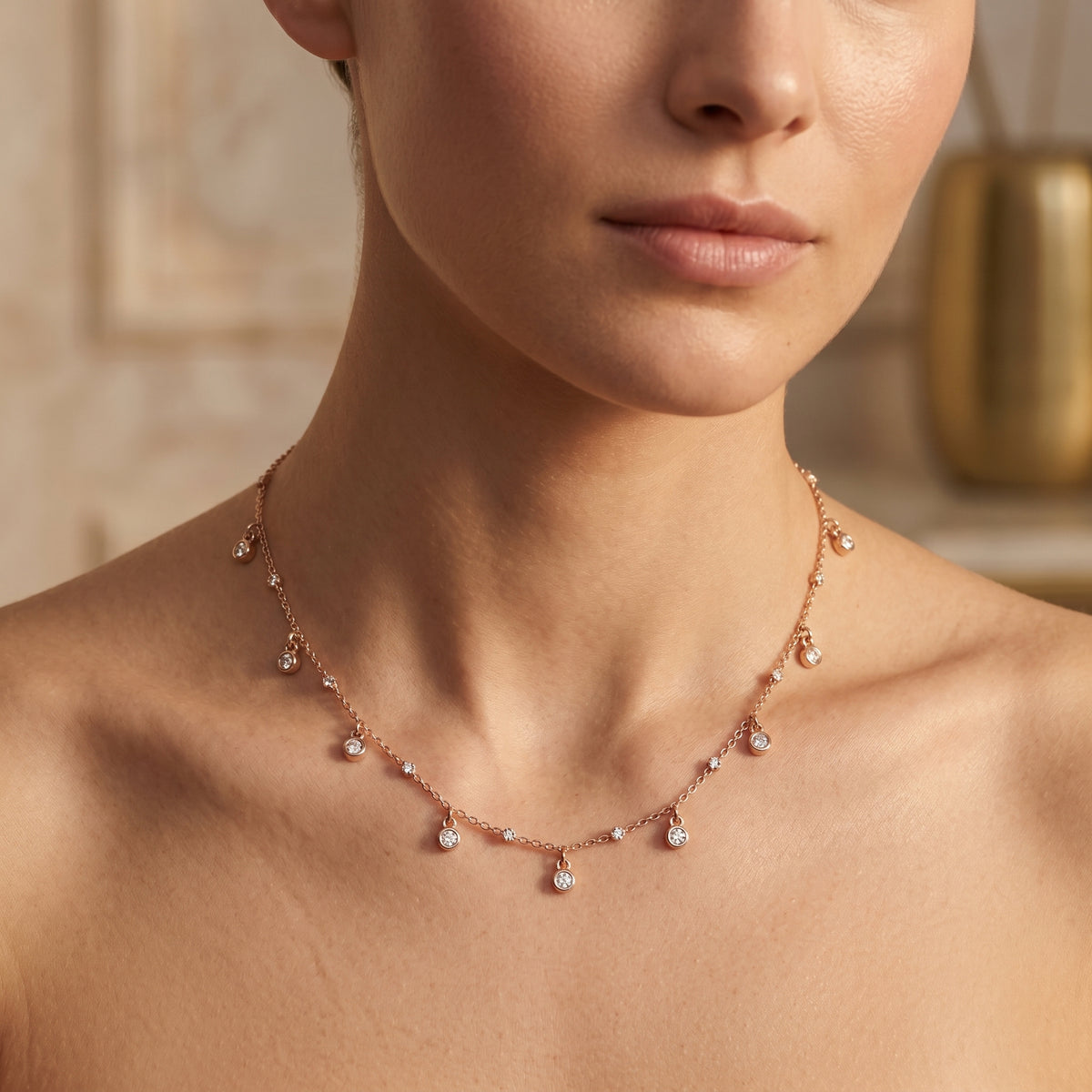 Bezel Diamond Drop Charm Station Necklace