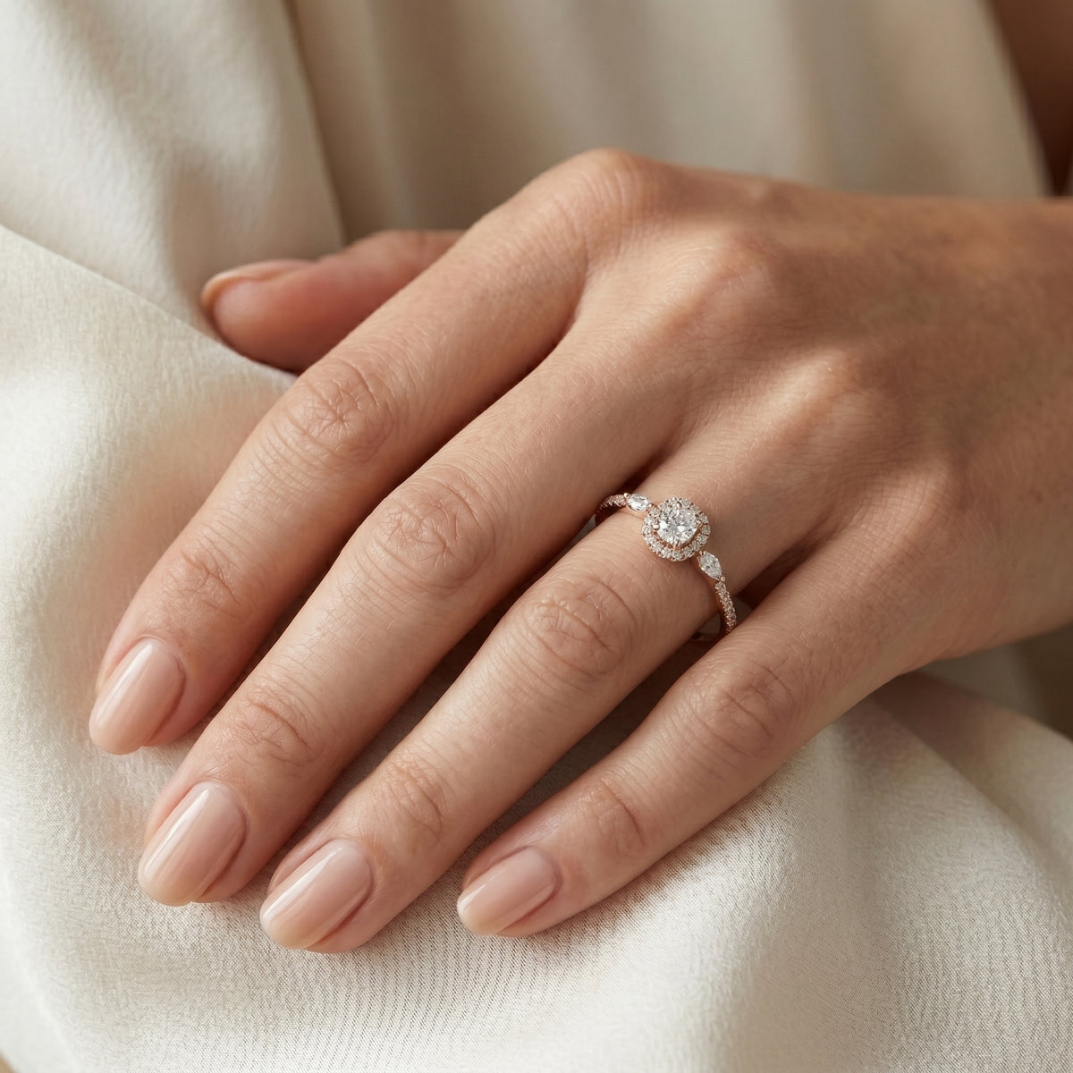 Cushion Cut Three Stone Halo Engagement Ring with Marquise Sides — lifestyle